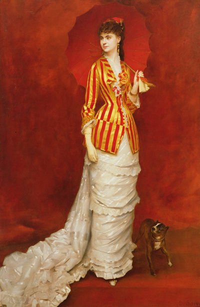 Portrait of a lady in a striped jacket with a parasol by Edouard Alexandre Sain